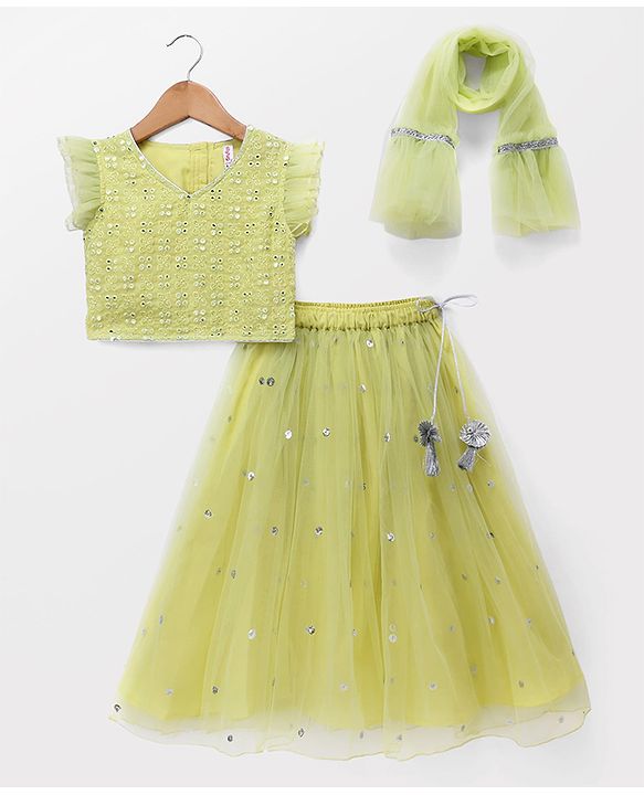 Babyhug Georgette Woven Frill Half Sleeves Lehenga Choli & Dupatta Set With Floral Sequin Embroidery - Limegreen