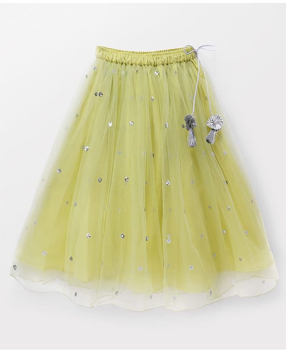 Babyhug Georgette Woven Frill Half Sleeves Lehenga Choli & Dupatta Set With Floral Sequin Embroidery - Limegreen