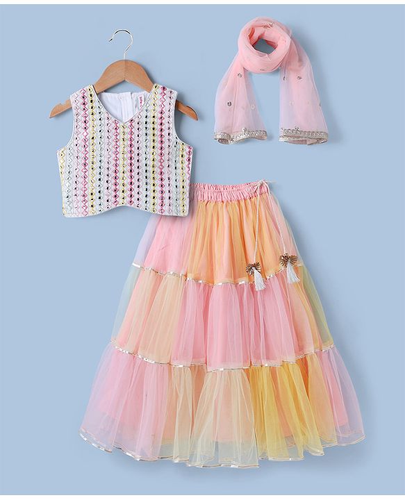 Babyhug Net Woven Sleeveless Sequinned Choli & Lehenga with Dupatta - White