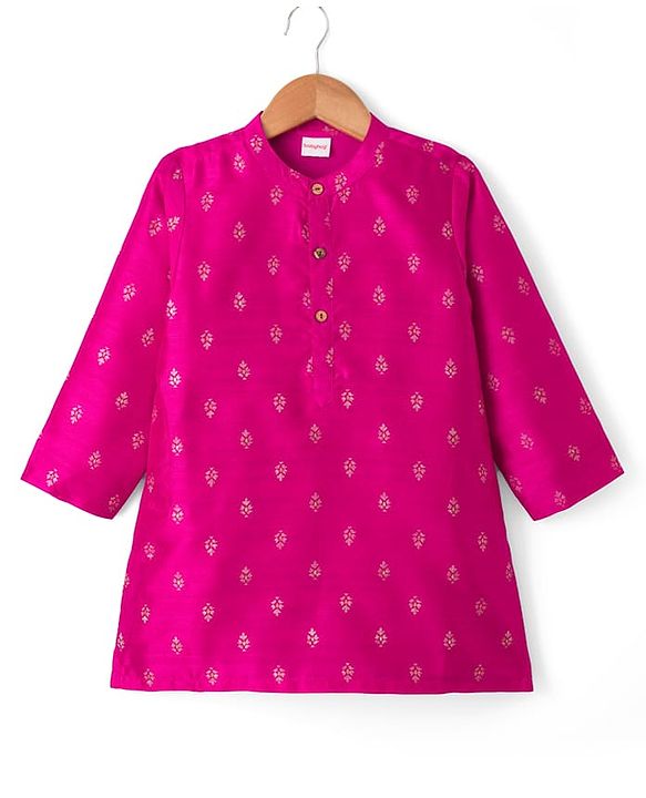 Babyhug Cotton Blend Woven Full Sleeves Kurta & Pyjama Set with Foil Print - Fuchsia