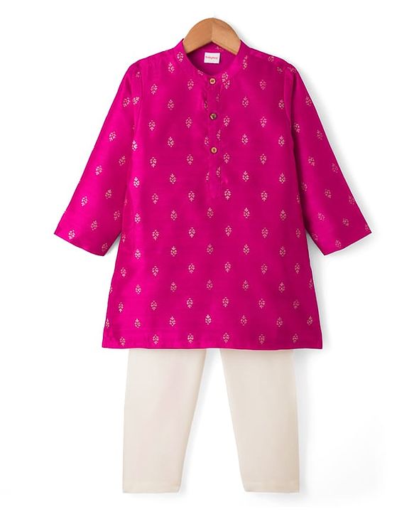 Babyhug Cotton Blend Woven Full Sleeves Kurta & Pyjama Set with Foil Print - Fuchsia