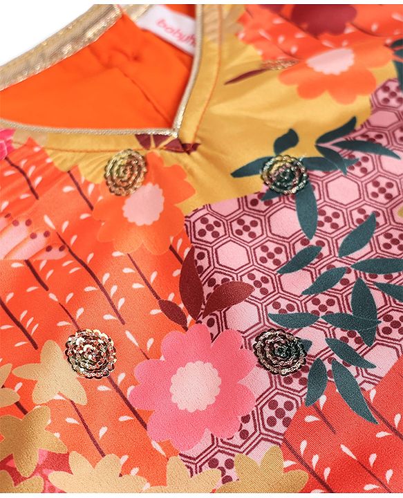 Babyhug Georgett Woven Half Sleeves Kurta & Palazzo Set With Floral Print & Dupatta - Orange