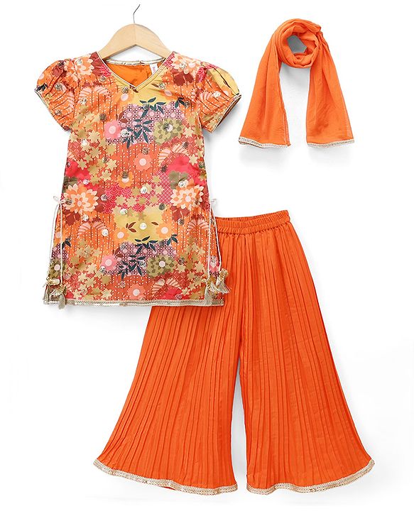 Babyhug Georgett Woven Half Sleeves Kurta & Palazzo Set With Floral Print & Dupatta - Orange