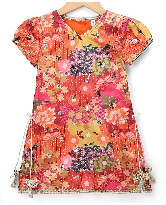 Babyhug Georgett Woven Half Sleeves Kurta & Palazzo Set With Floral Print & Dupatta - Orange