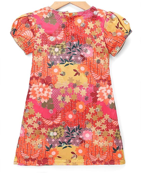 Babyhug Georgett Woven Half Sleeves Kurta & Palazzo Set With Floral Print & Dupatta - Orange