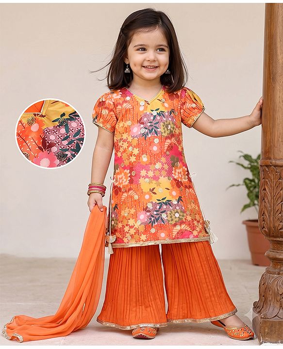 Babyhug Georgett Woven Half Sleeves Kurta & Palazzo Set With Floral Print & Dupatta - Orange