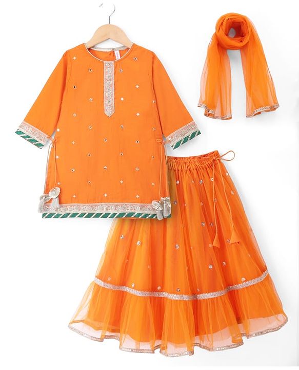 Babyhug Net Woven Embroidered Three-Fourth Sleeves Choli & Lehenga Set With Dupatta - Orange