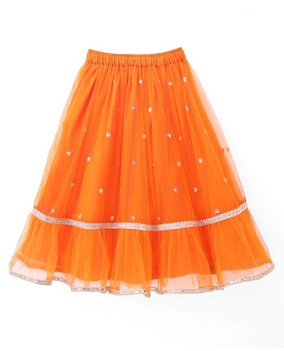 Babyhug Net Woven Embroidered Three-Fourth Sleeves Choli & Lehenga Set With Dupatta - Orange