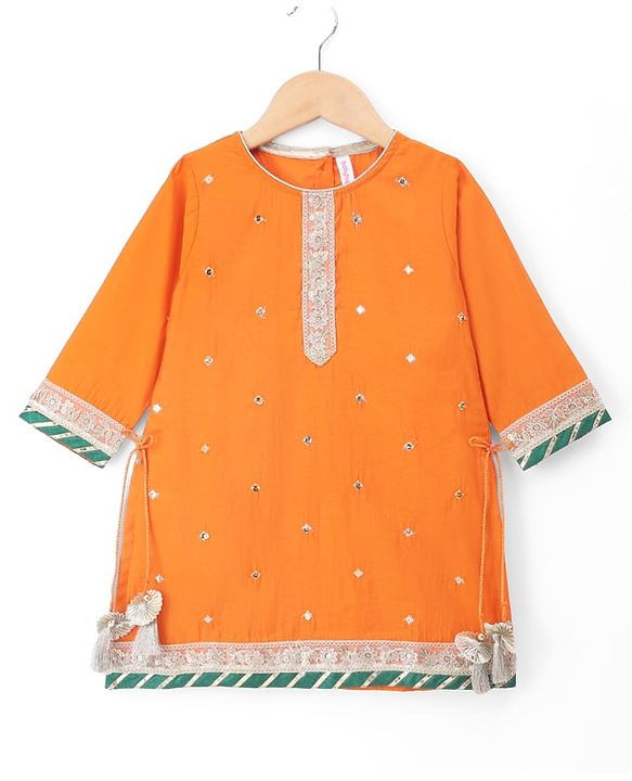 Babyhug Net Woven Embroidered Three-Fourth Sleeves Choli & Lehenga Set With Dupatta - Orange