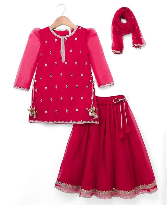 Babyhug Chiffon Three Fourth Sleeves Chinnon Floral Sequin Embroidered Lehenga Choli and Dupatta Set - Red