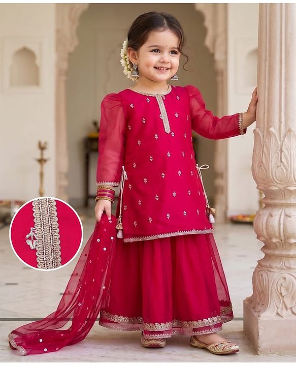 Babyhug Chiffon Three Fourth Sleeves Chinnon Floral Sequin Embroidered Lehenga Choli and Dupatta Set - Red