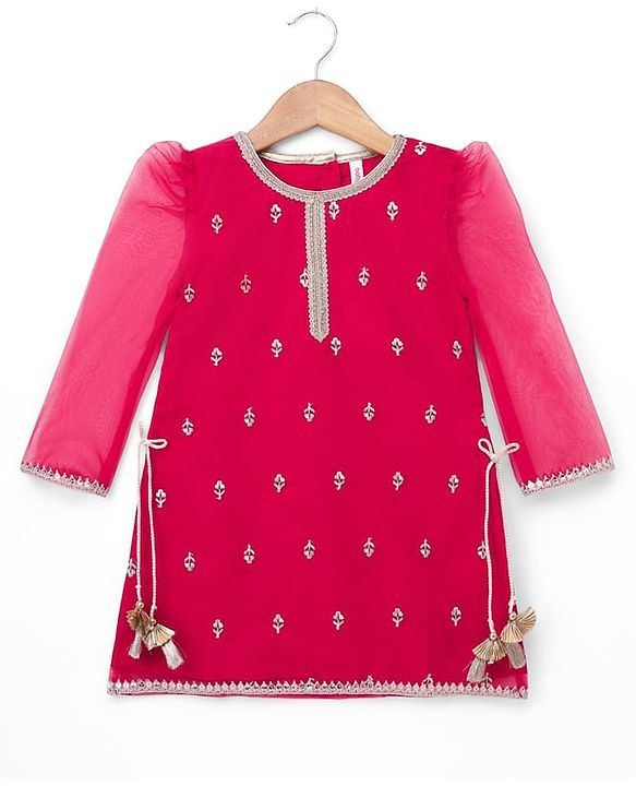 Babyhug Chiffon Three Fourth Sleeves Chinnon Floral Sequin Embroidered Lehenga Choli and Dupatta Set - Red