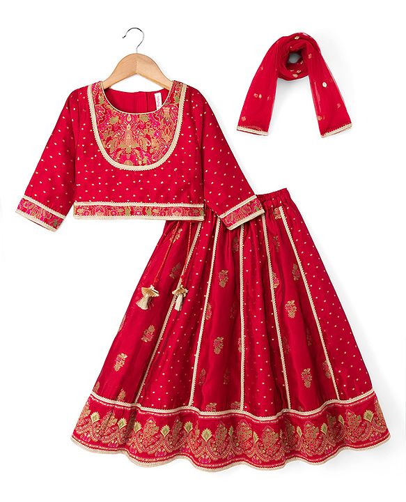 Babyhug Brocade Woven THree Fourth Sleeves Lehenga Choli and Dupatta Set with Floral Embroidery - Maroon