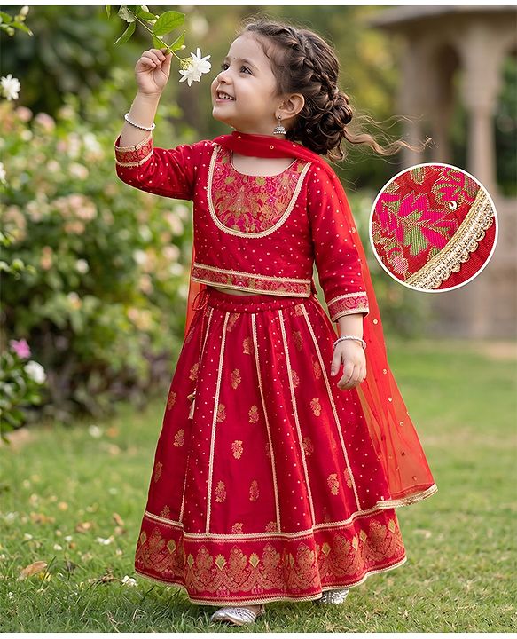 Babyhug Brocade Woven THree Fourth Sleeves Lehenga Choli and Dupatta Set with Floral Embroidery - Maroon