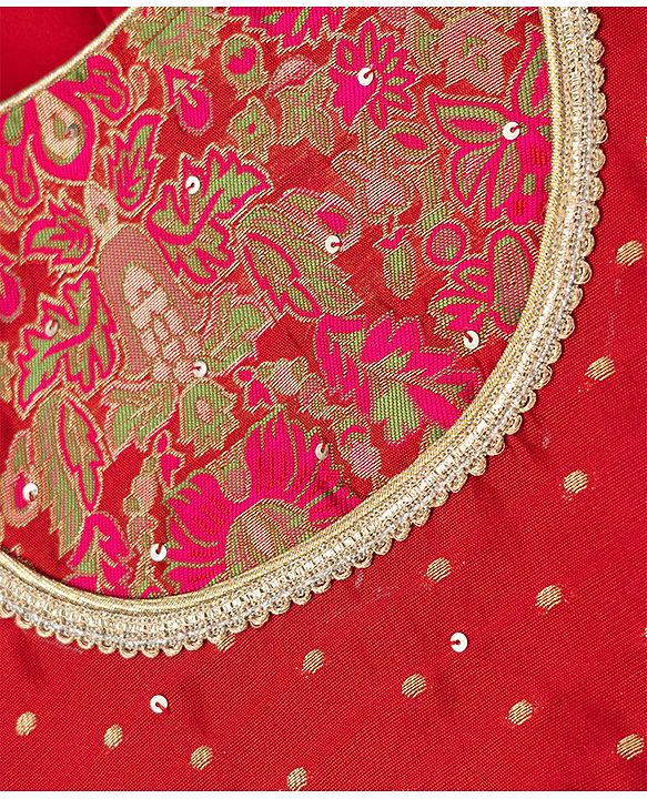 Babyhug Brocade Woven THree Fourth Sleeves Lehenga Choli and Dupatta Set with Floral Embroidery - Maroon