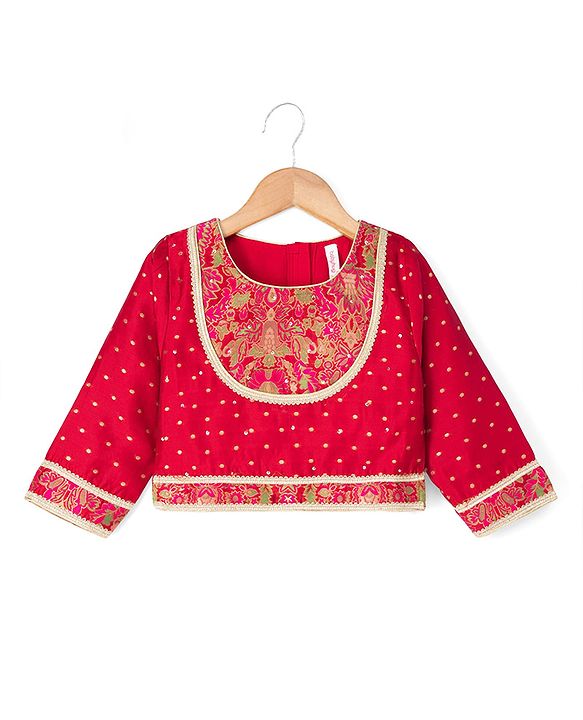 Babyhug Brocade Woven THree Fourth Sleeves Lehenga Choli and Dupatta Set with Floral Embroidery - Maroon