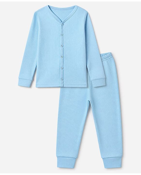 Babyhug Cotton Knit Full Sleeves Solid Thermal Set - Blue