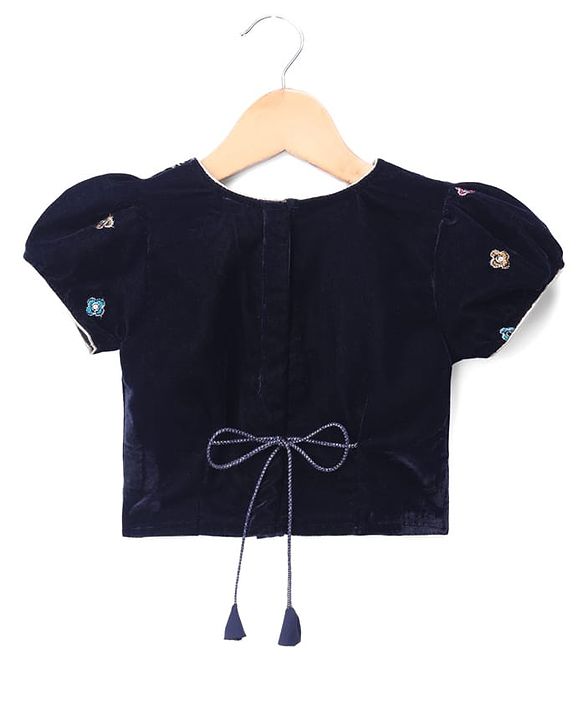 Babyhug Velvet Woven Lehenga Choli and Dupatta Set with Half Sleeves and Trees and Deer Embroidery in Navy Blue for 12-18 Months