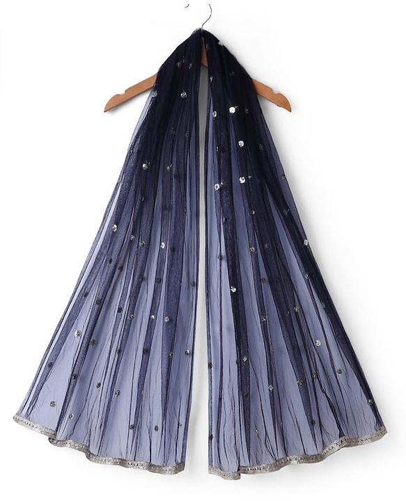 Babyhug Velvet Woven Lehenga Choli and Dupatta Set with Half Sleeves and Trees and Deer Embroidery in Navy Blue for 12-18 Months