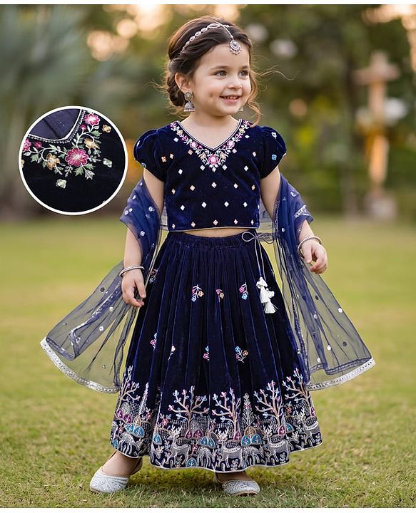 Babyhug Velvet Woven Lehenga Choli and Dupatta Set with Half Sleeves and Trees and Deer Embroidery in Navy Blue for 12-18 Months