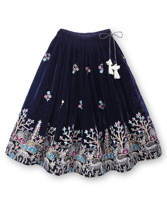 Babyhug Velvet Woven Lehenga Choli and Dupatta Set with Half Sleeves and Trees and Deer Embroidery in Navy Blue for 12-18 Months