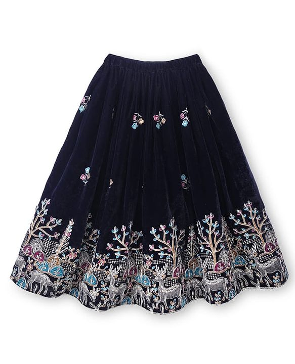 Babyhug Velvet Woven Lehenga Choli and Dupatta Set with Half Sleeves and Trees and Deer Embroidery in Navy Blue for 12-18 Months