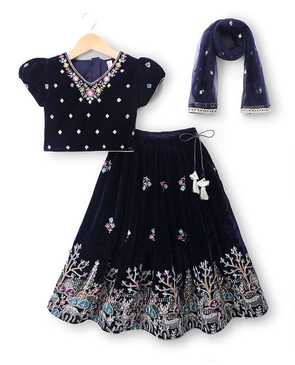 Babyhug Velvet Woven Lehenga Choli and Dupatta Set with Half Sleeves and Trees and Deer Embroidery in Navy Blue for 12-18 Months