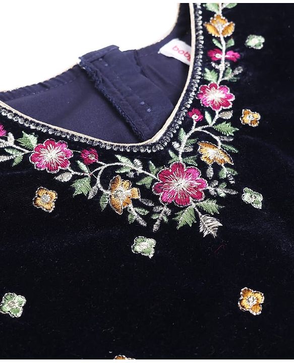 Babyhug Velvet Woven Lehenga Choli and Dupatta Set with Half Sleeves and Trees and Deer Embroidery in Navy Blue for 12-18 Months