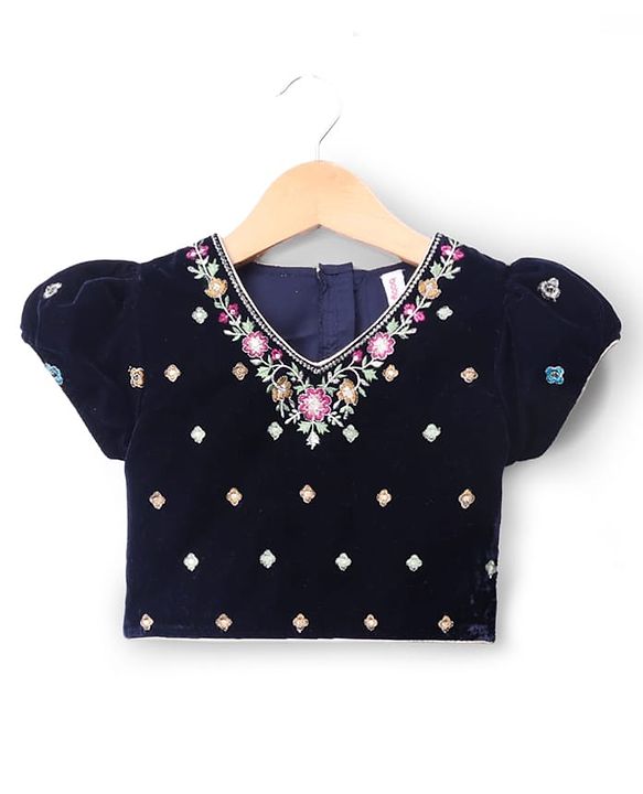 Babyhug Velvet Woven Lehenga Choli and Dupatta Set with Half Sleeves and Trees and Deer Embroidery in Navy Blue for 12-18 Months