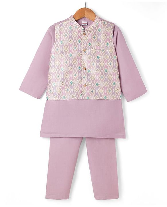 Babyhug 100% Cotton Woven Solid Kurta Pyjama Set With Embroidered Jacket- Purple