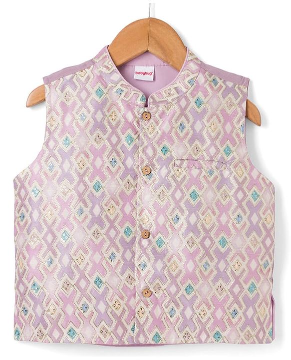 Babyhug 100% Cotton Woven Solid Kurta Pyjama Set With Embroidered Jacket- Purple