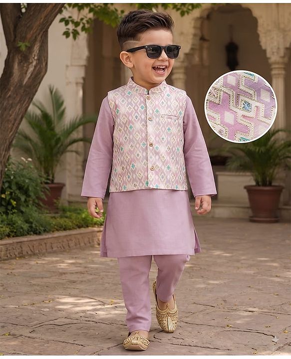 Babyhug 100% Cotton Woven Solid Kurta Pyjama Set With Embroidered Jacket- Purple