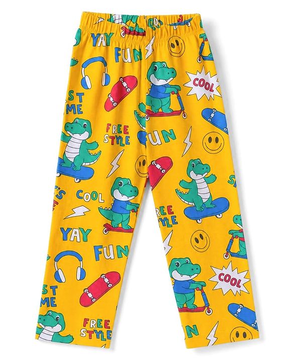 Babyhug 100% Cotton Knit Full Sleeves Co-Ords Shirt & Pyjama Night Suit with Crocodile Print - Yellow