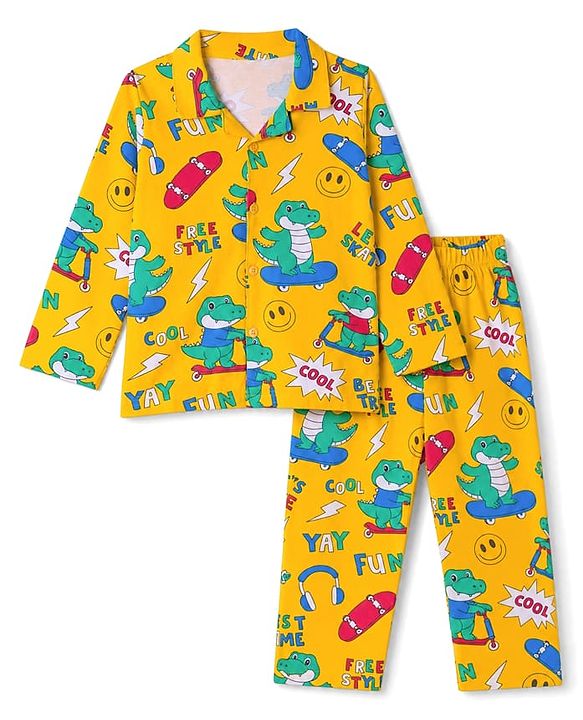 Babyhug 100% Cotton Knit Full Sleeves Co-Ords Shirt & Pyjama Night Suit with Crocodile Print - Yellow