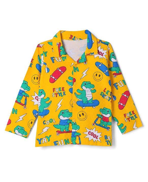 Babyhug 100% Cotton Knit Full Sleeves Co-Ords Shirt & Pyjama Night Suit with Crocodile Print - Yellow