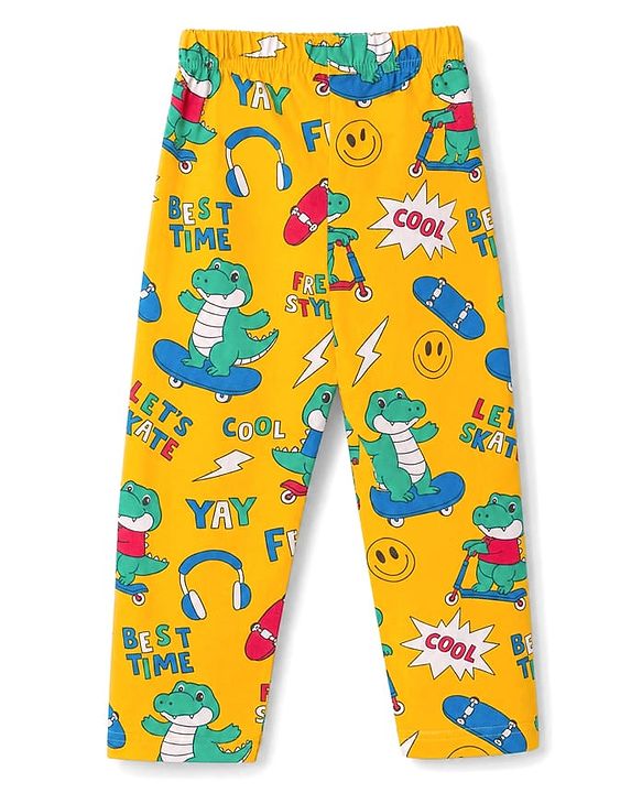 Babyhug 100% Cotton Knit Full Sleeves Co-Ords Shirt & Pyjama Night Suit with Crocodile Print - Yellow