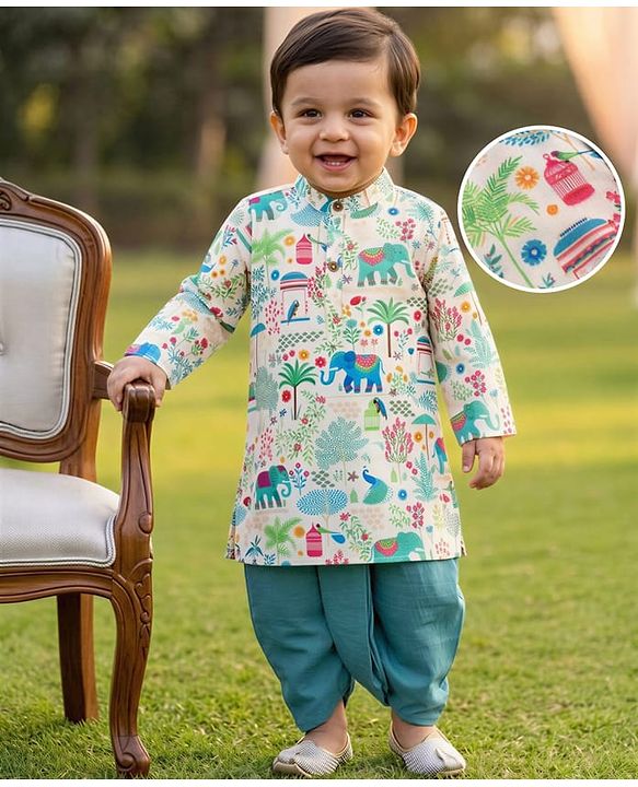 Babyhug 100% Cotton Cambric Woven Full Sleeves Kurta & Dhoti Set with Animal Print - White