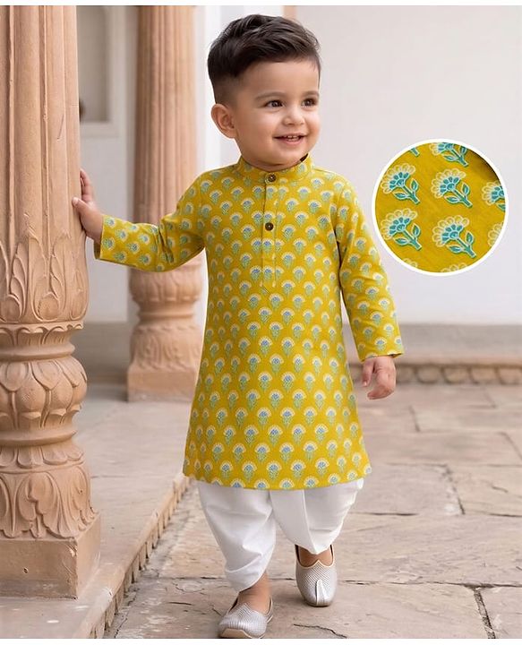 Babyhug 100% Cotton Cambric Woven Full Sleeves Kurta and Dhoti Set with Floral Print in Green