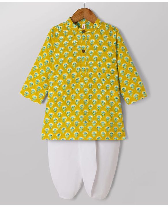Babyhug 100% Cotton Cambric Woven Full Sleeves Kurta and Dhoti Set with Floral Print in Green