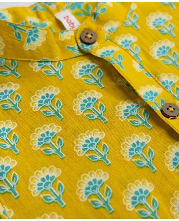 Babyhug 100% Cotton Cambric Woven Full Sleeves Kurta and Dhoti Set with Floral Print in Green