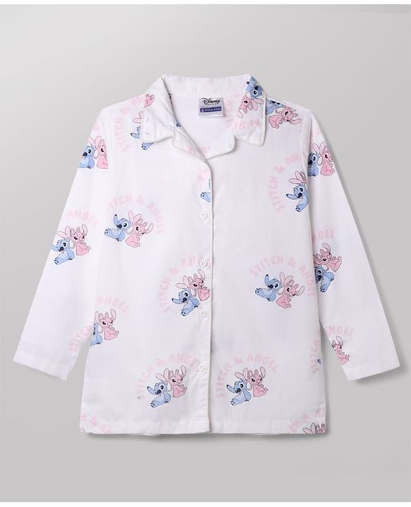 Pine Kids Disney 100% Cotton Woven Front Open Full Sleeves Co-ord Shirt & Pajama Night Suit with Stitch & Angel Print - White