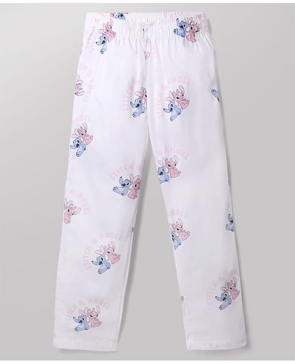 Pine Kids Disney 100% Cotton Woven Front Open Full Sleeves Co-ord Shirt & Pajama Night Suit with Stitch & Angel Print - White