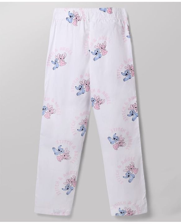 Pine Kids Disney 100% Cotton Woven Front Open Full Sleeves Co-ord Shirt & Pajama Night Suit with Stitch & Angel Print - White