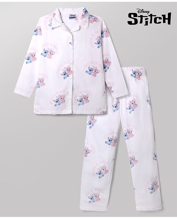 Pine Kids Disney 100% Cotton Woven Front Open Full Sleeves Co-ord Shirt & Pajama Night Suit with Stitch & Angel Print - White