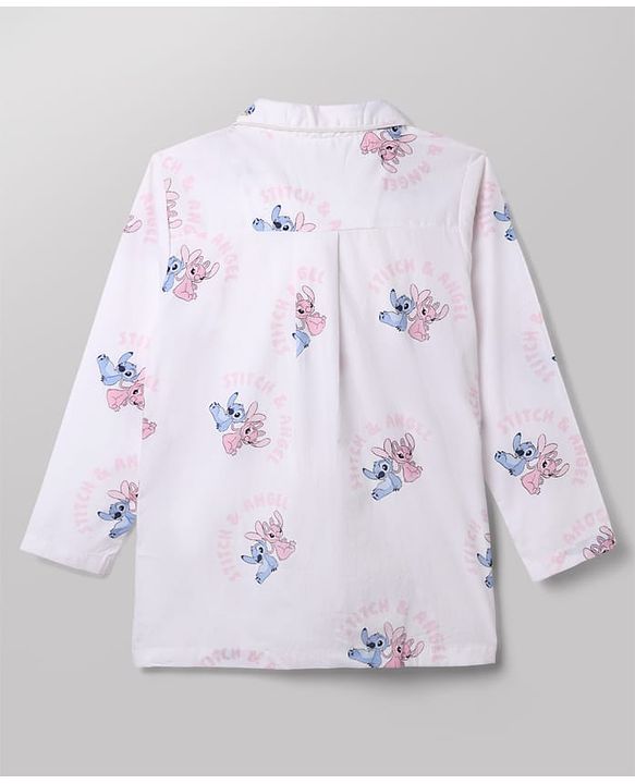 Pine Kids Disney 100% Cotton Woven Front Open Full Sleeves Co-ord Shirt & Pajama Night Suit with Stitch & Angel Print - White