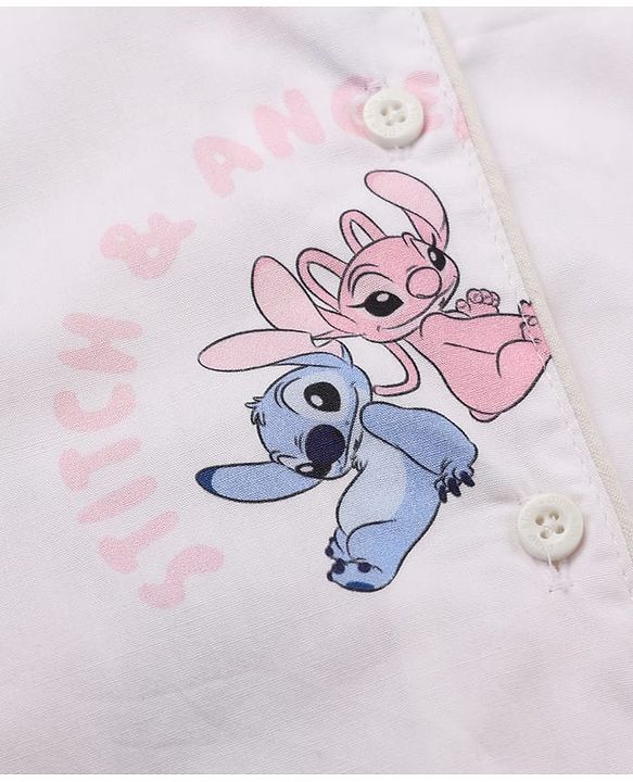 Pine Kids Disney 100% Cotton Woven Front Open Full Sleeves Co-ord Shirt & Pajama Night Suit with Stitch & Angel Print - White