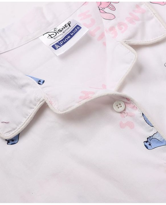 Pine Kids Disney 100% Cotton Woven Front Open Full Sleeves Co-ord Shirt & Pajama Night Suit with Stitch & Angel Print - White
