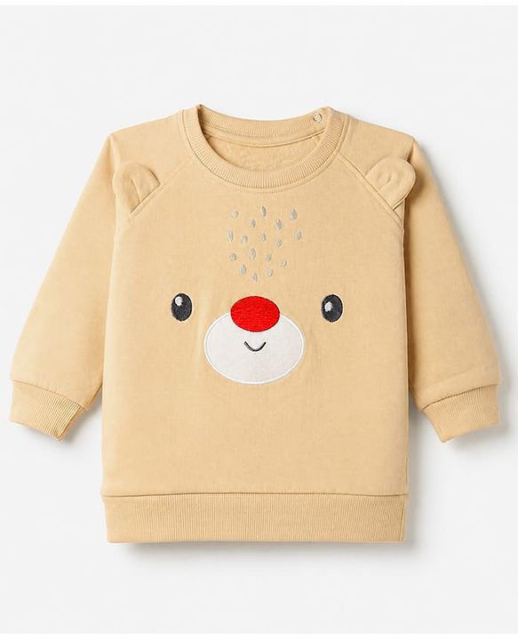 Babyhug Heavy Gauge Warm Fleece Knit Full Sleeves Sweatshirt With Bear Print & Applique - Beige