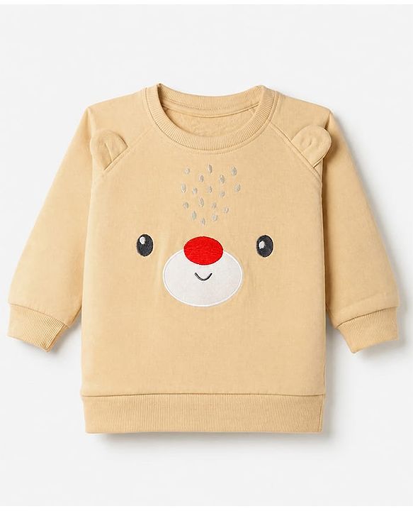 Babyhug Heavy Gauge Warm Fleece Knit Full Sleeves Sweatshirt With Bear Print & Applique - Beige