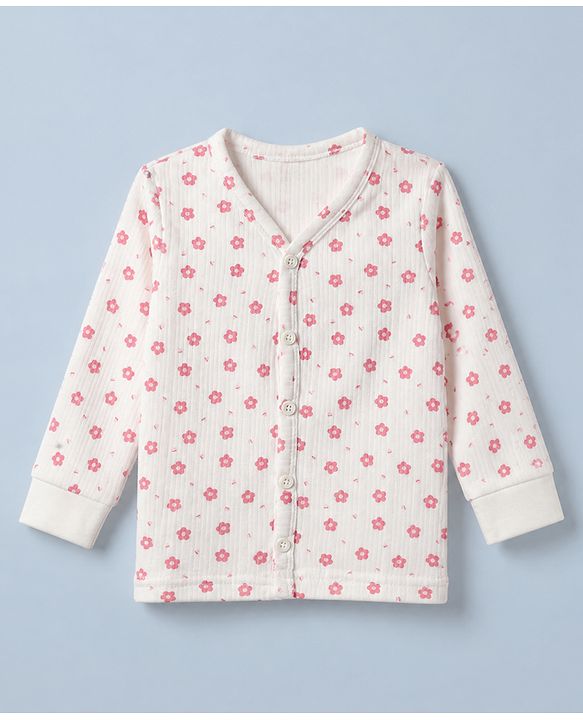 Babyhug Cotton Mix Knit Front open Thermal Set With Floral Print - White